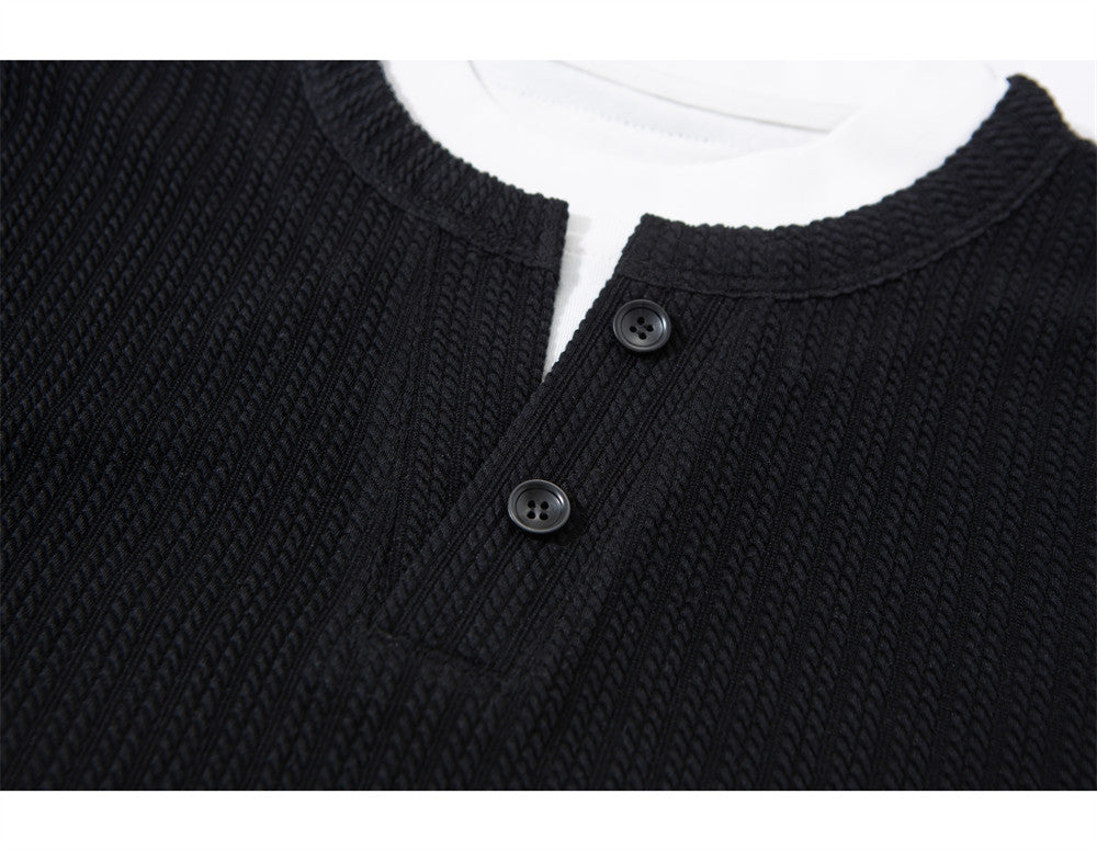Men's Striped Long Sleeve Shirt – Ribbed Texture Faux-Layered Henley Top
