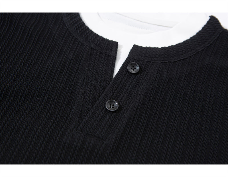 Men's Striped Long Sleeve Shirt – Ribbed Texture Faux-Layered Henley Top