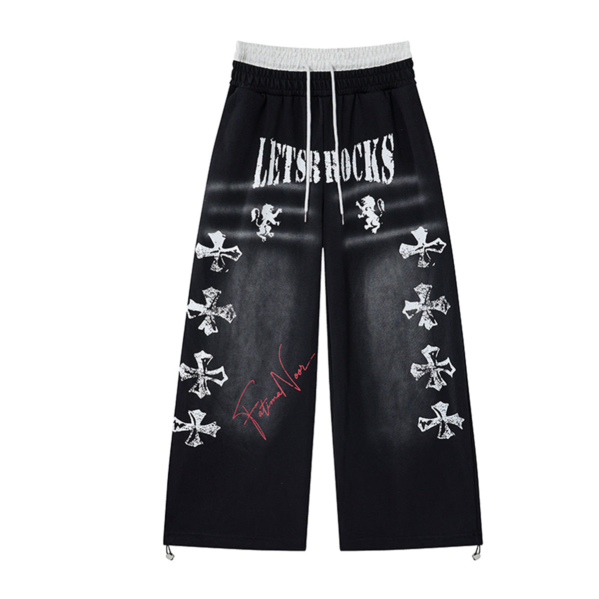 Cross Print Wide-Leg Sweatpants – Streetwear Faux Two-Piece Waistband