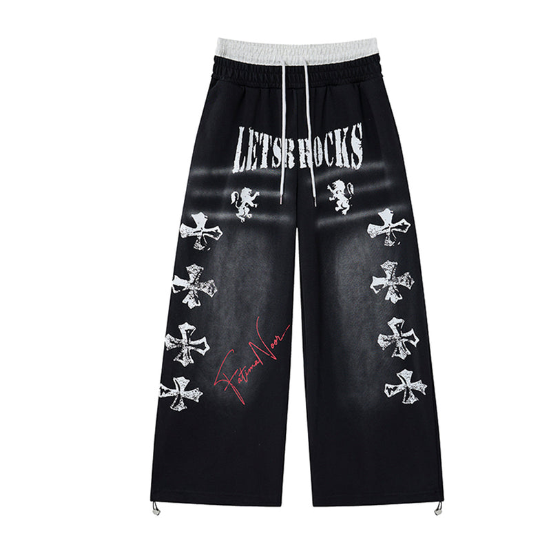 Cross Print Wide-Leg Sweatpants – Streetwear Faux Two-Piece Waistband