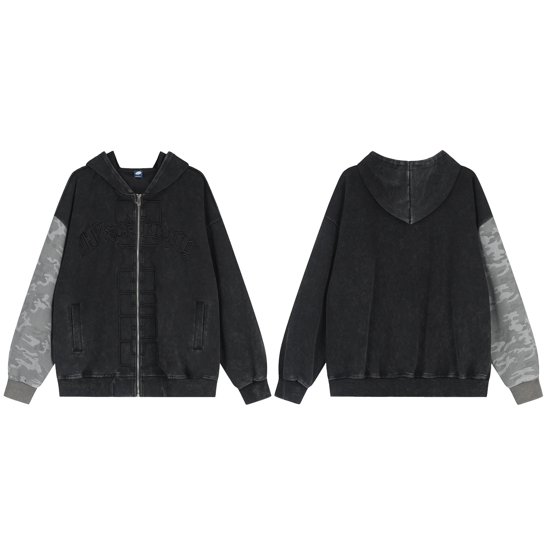 Sudadera con capucha y cremallera de lavado ácido con paneles de camuflaje – Chaqueta streetwear oversize con cruz