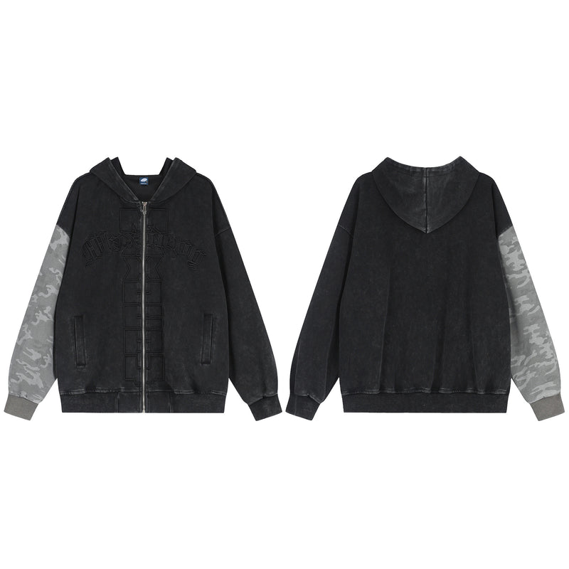 Sudadera con capucha y cremallera de lavado ácido con paneles de camuflaje – Chaqueta streetwear oversize con cruz
