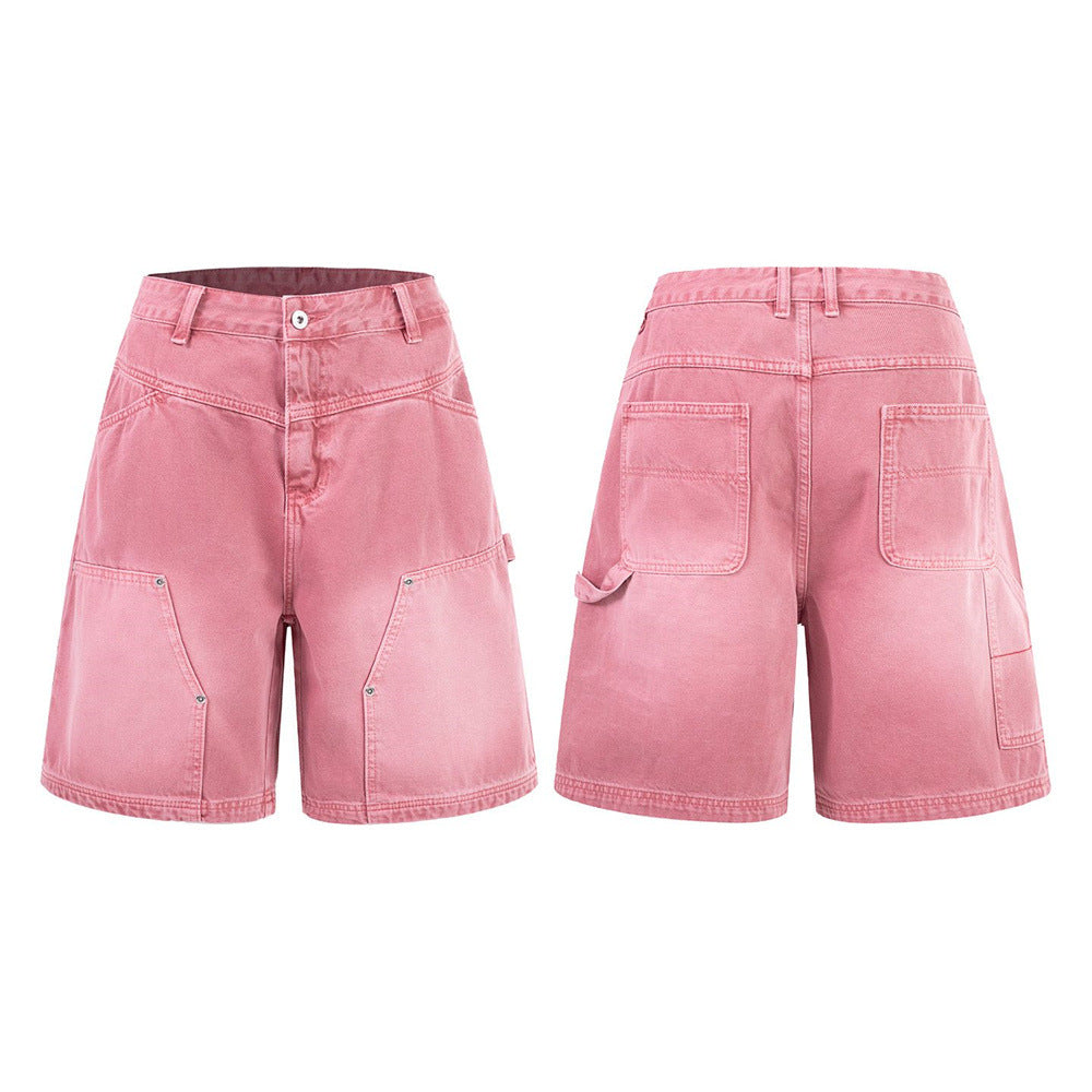 Baggy Carpenter-Denimshorts für Herren in verwaschenem Rosa mit Teilungsnähten und Nieten-Details, Vorder- und Rückansicht
