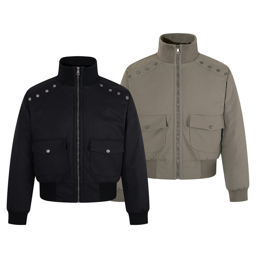 Men's Bomber Jacket with Studded Shoulders & Stand Collar