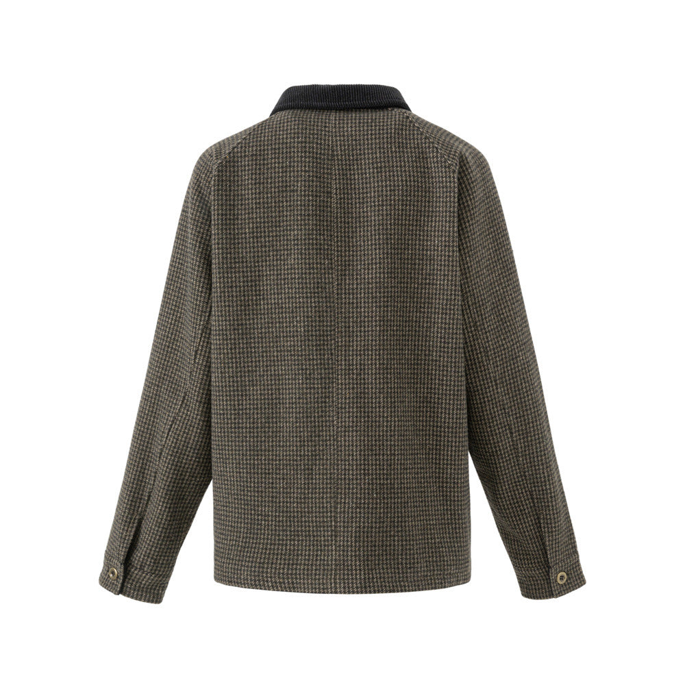 Men's Houndstooth Tweed Jacket – Stand Collar, Multi-Pocket Workwear Coat