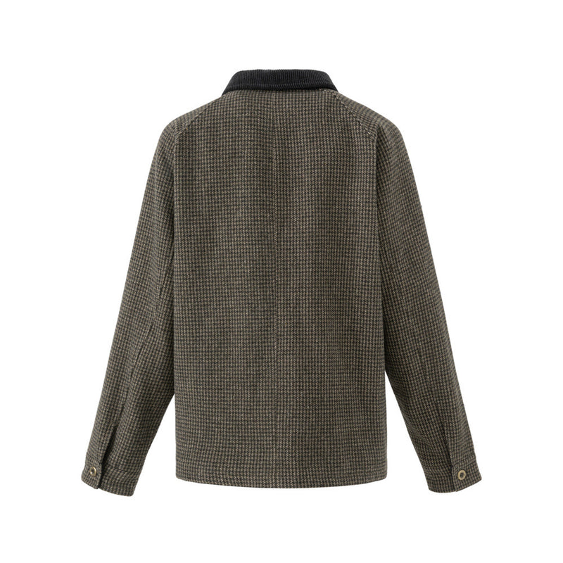 Men's Houndstooth Tweed Jacket – Stand Collar, Multi-Pocket Workwear Coat
