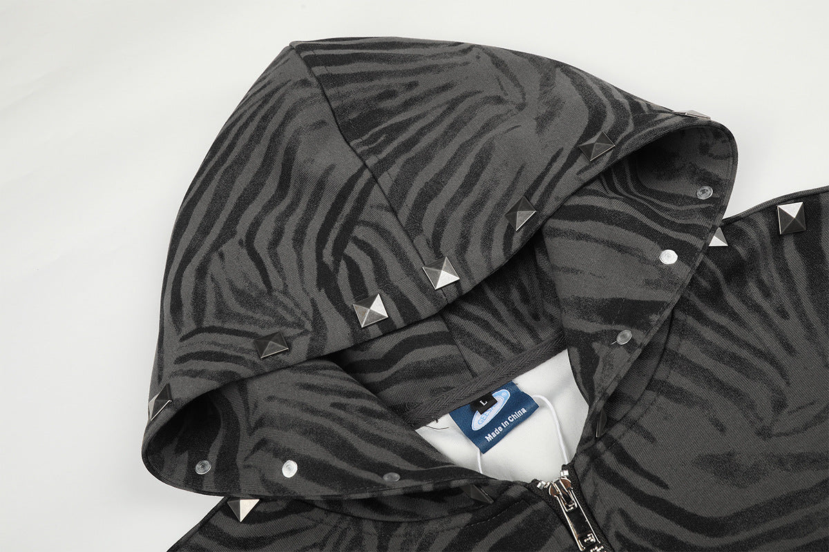 Zebra Print Zip-Up Hoodie Jacket with Pyramid Studs — Grey