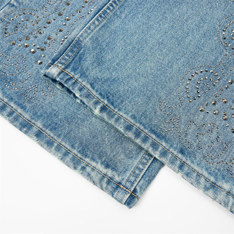 Jean vintage délavé à jambes larges pour homme avec motif cachemire en strass