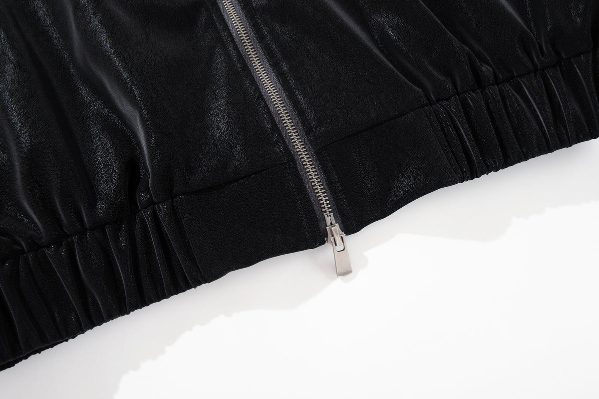 Oversized Black Leather Jacket Faux PU Bomber with High Collar