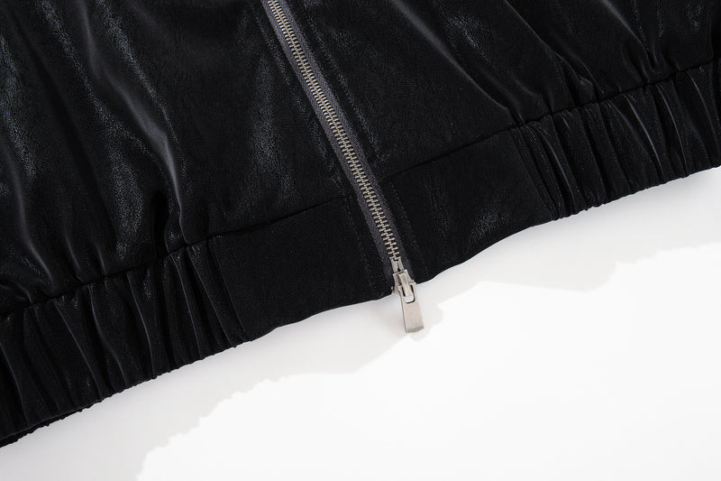 Oversized Black Leather Jacket Faux PU Bomber with High Collar