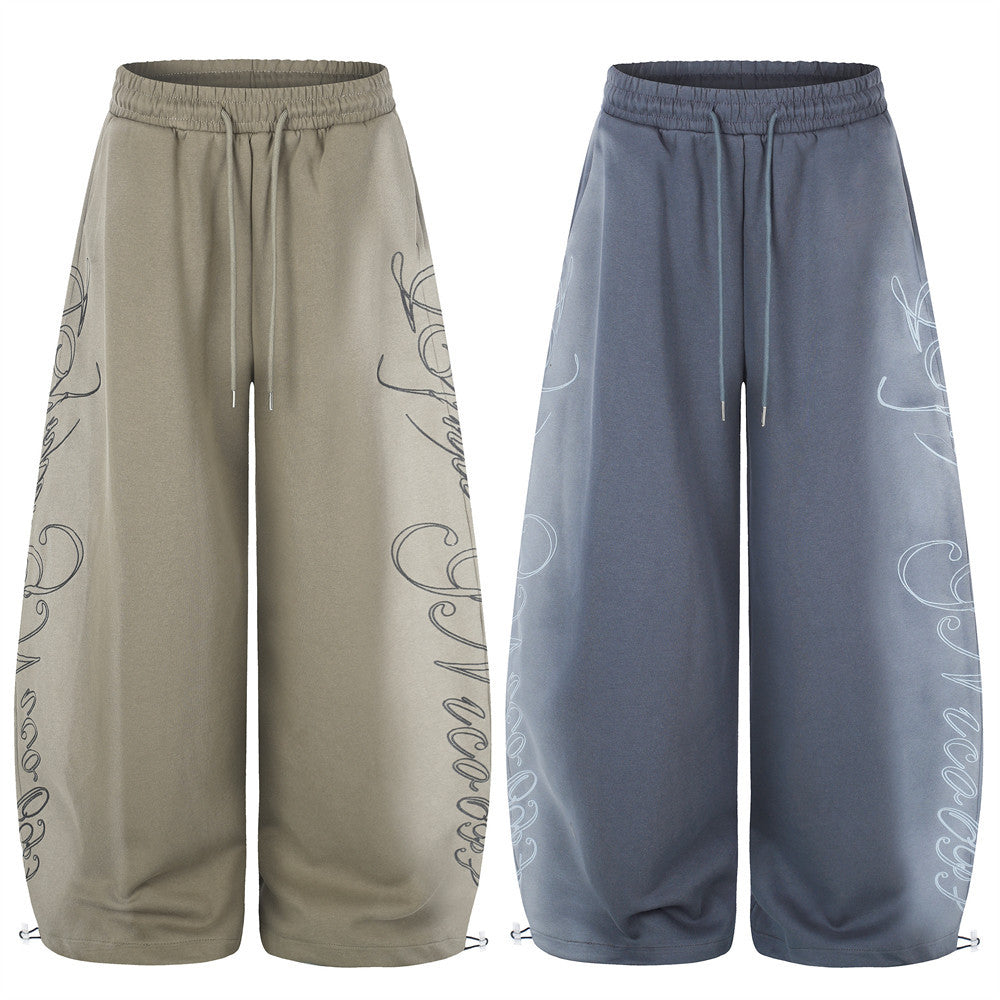 Wide-Leg Sweatpants with Cursive Script Print and Drawstring Hem
