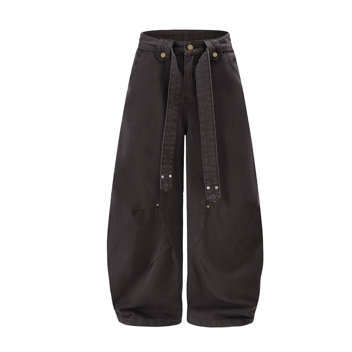 Wide-Leg Barrel Pants with Belt Strap, Pleated High-Waist Washed Casual Trousers