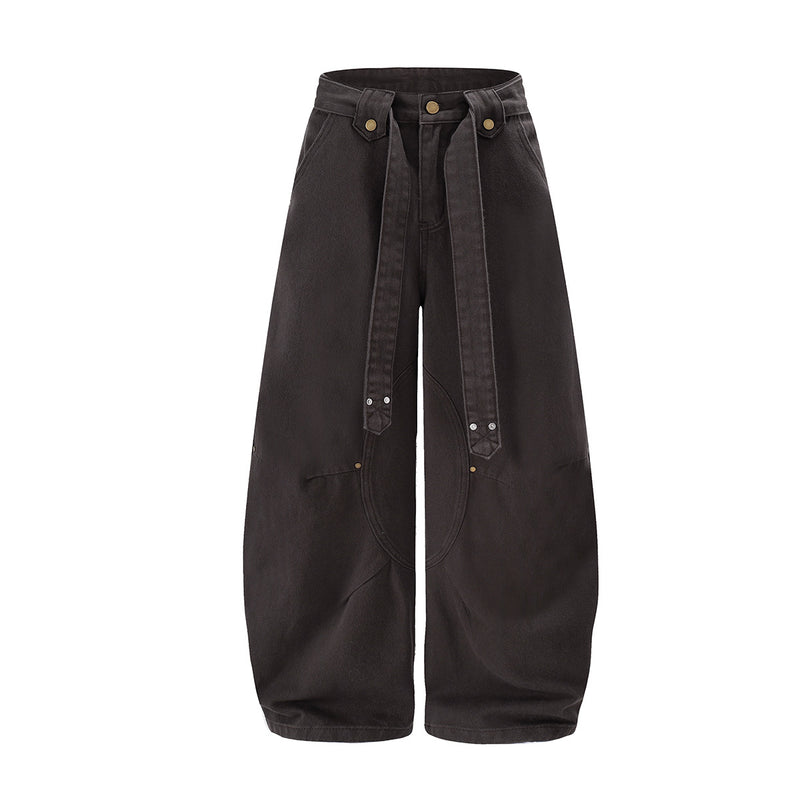 Wide-Leg Barrel Pants with Belt Strap, Pleated High-Waist Washed Casual Trousers