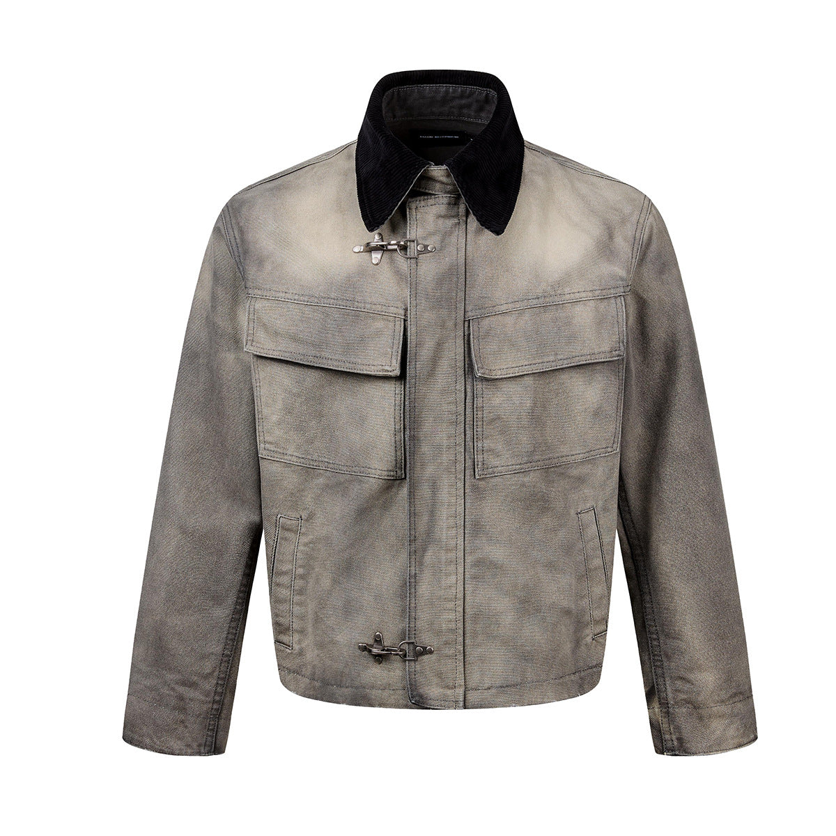 Boxy Washed Denim Workwear Jacket with Corduroy Collar & Clasp Closure