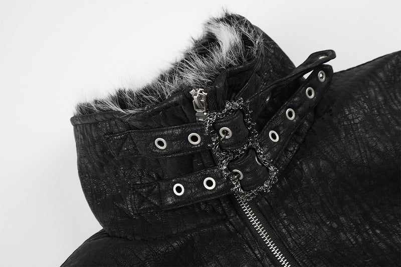 Faux Fur Trim Padded Bomber Jacket — Stand Collar with Buckle Detail
