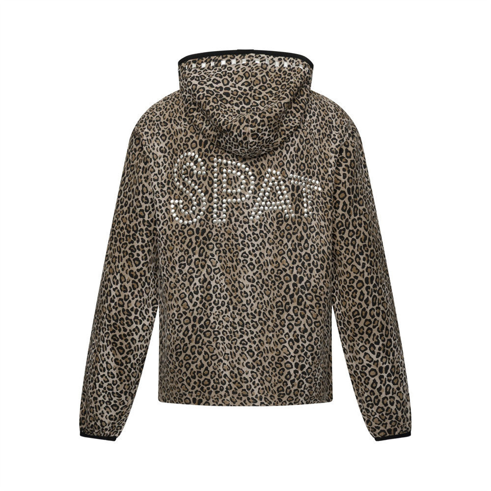 Leopard Print Zip-Up Hoodie with Studded Rhinestone Detail
