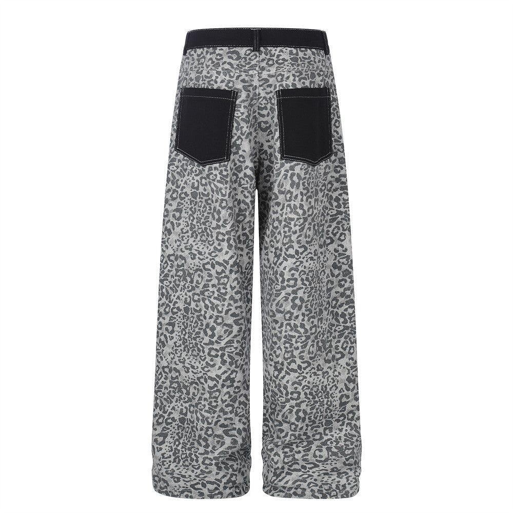 Leopard Print Wide-Leg Cargo Pants – Contrast Pocket Embroidered Streetwear Trou