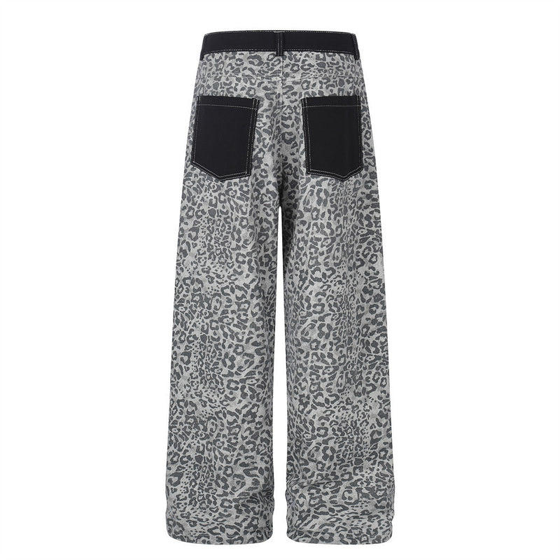 Leopard Print Wide-Leg Cargo Pants – Contrast Pocket Embroidered Streetwear Trou