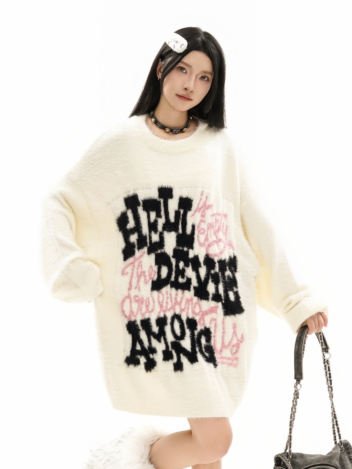 Pull oversize en maille jacquard à lettrage – Hell Is Empty, motif graffiti