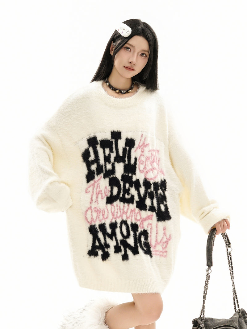 Pull oversize en maille jacquard à lettrage – Hell Is Empty, motif graffiti