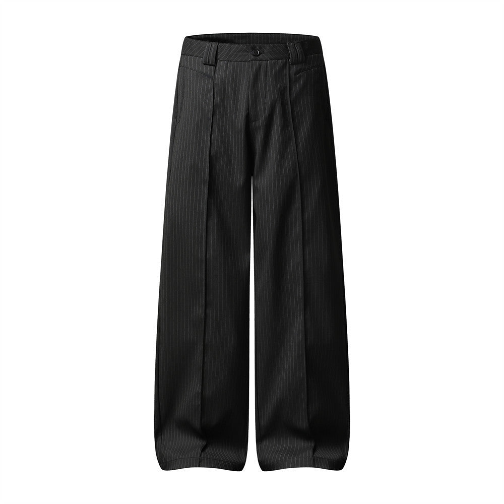Black Pinstripe Wide-Leg Trousers – Pleated Relaxed Fit Dress Pants