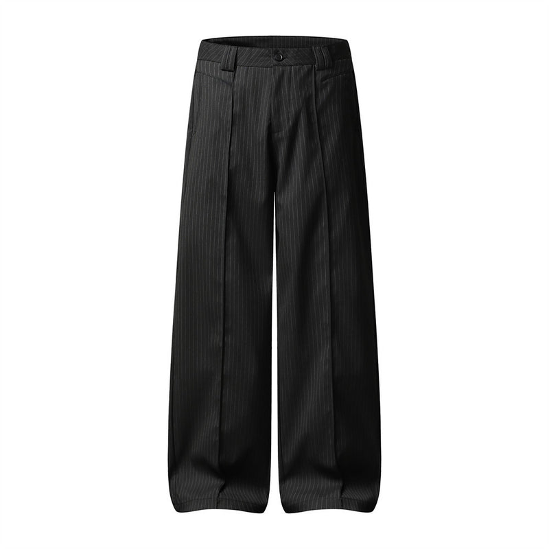 Black Pinstripe Wide-Leg Trousers – Pleated Relaxed Fit Dress Pants