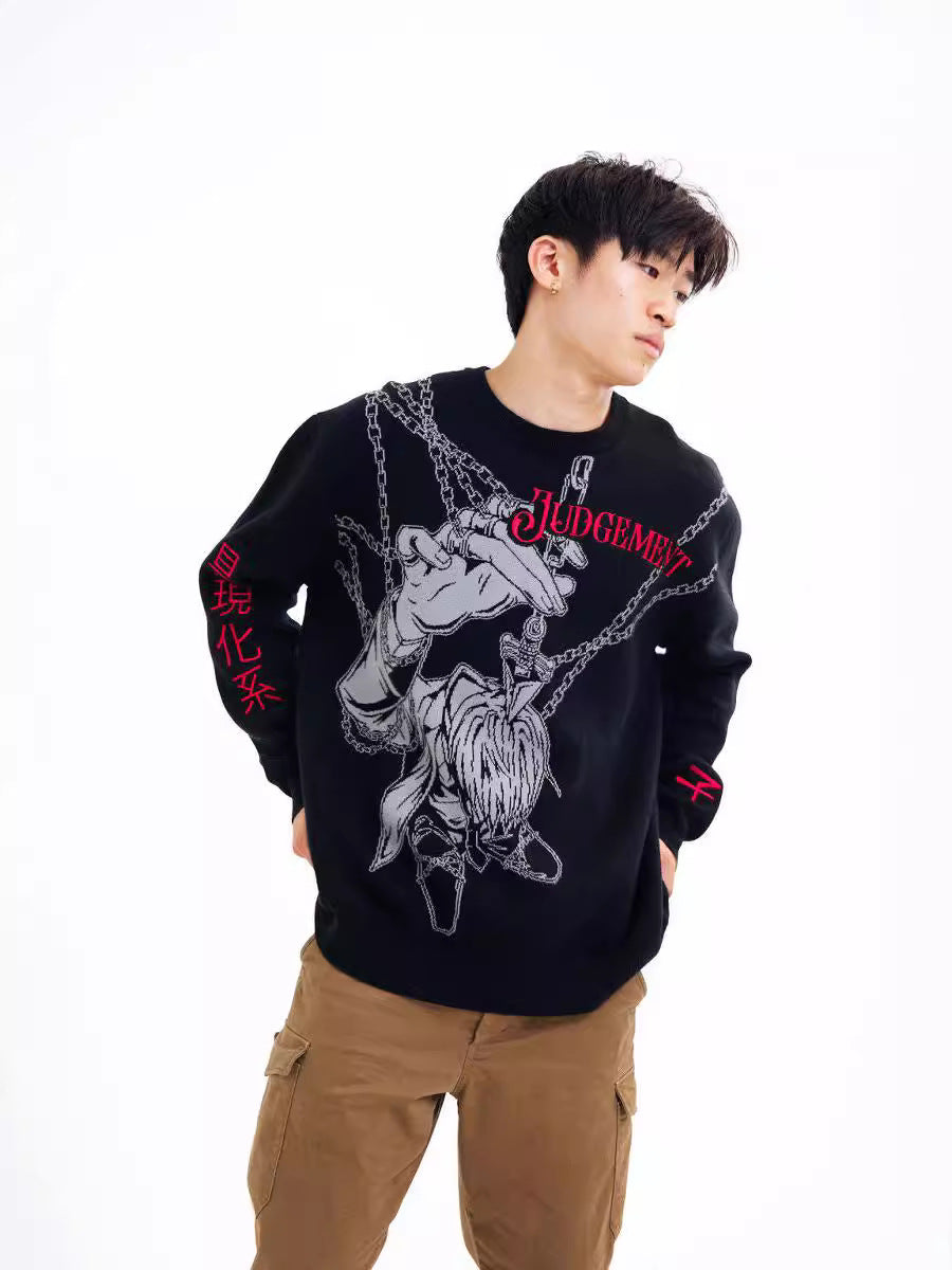 Wearing the Premium Judgement Chain-Inspired Knit Sweater from Hunter × Hunter, featuring a Kurapika design with graphic chains and bold red text, paired with tan cargo pants against a white background.