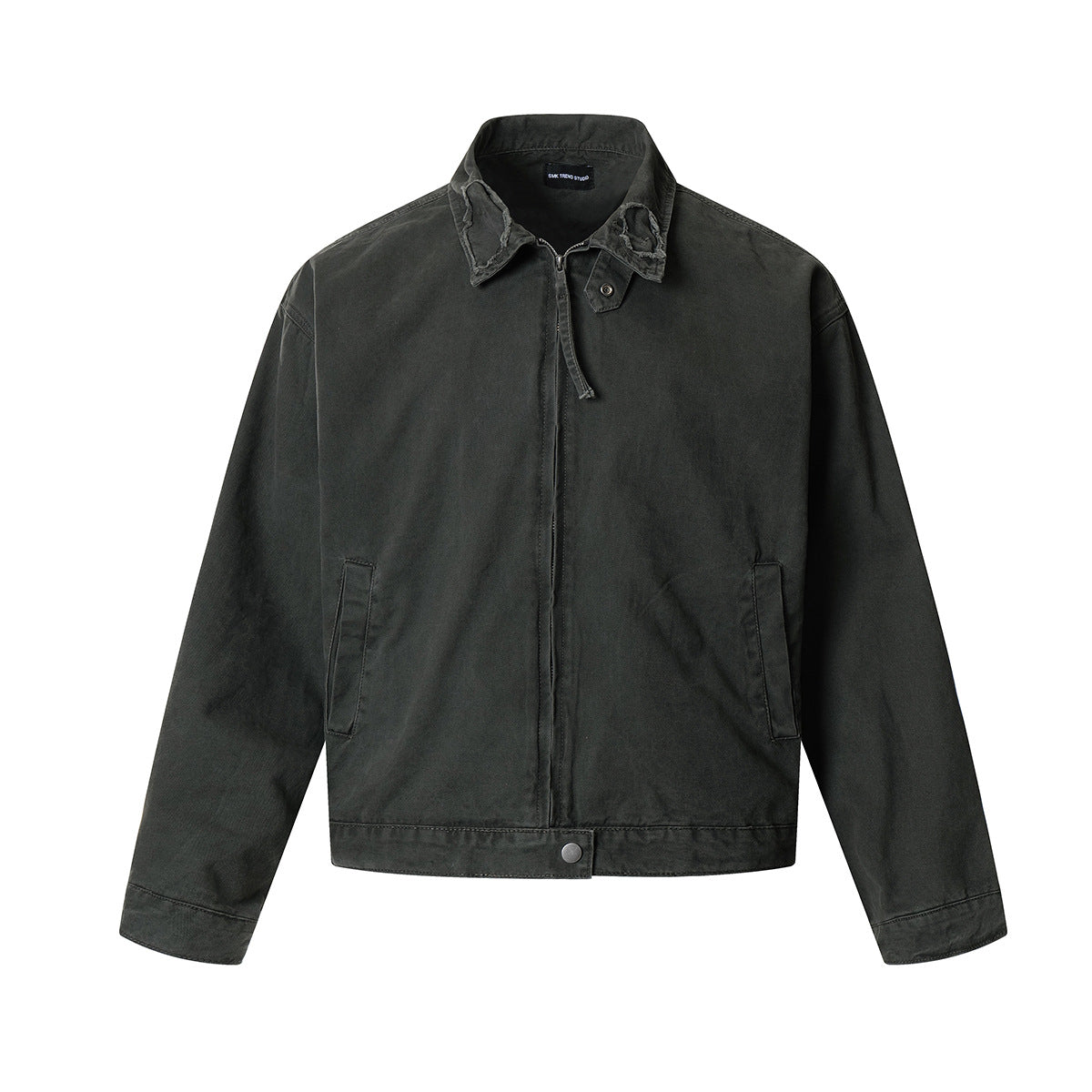 Veste Harrington coupe boxy vert militaire délavé, avec col effet usé et coudières effilochées, vues de face et de dos
