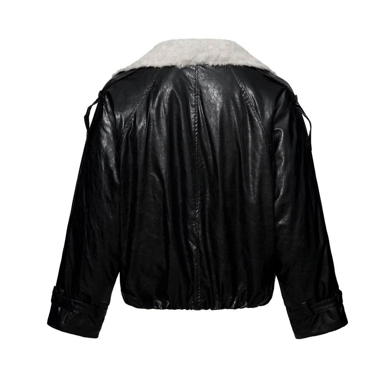 Sherpa Lined Leather Jacket – Black Faux Leather Cropped Bomber with Fleece