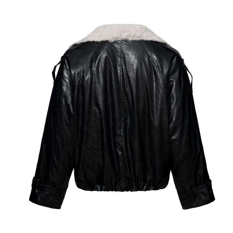 Sherpa Lined Leather Jacket – Black Faux Leather Cropped Bomber with Fleece