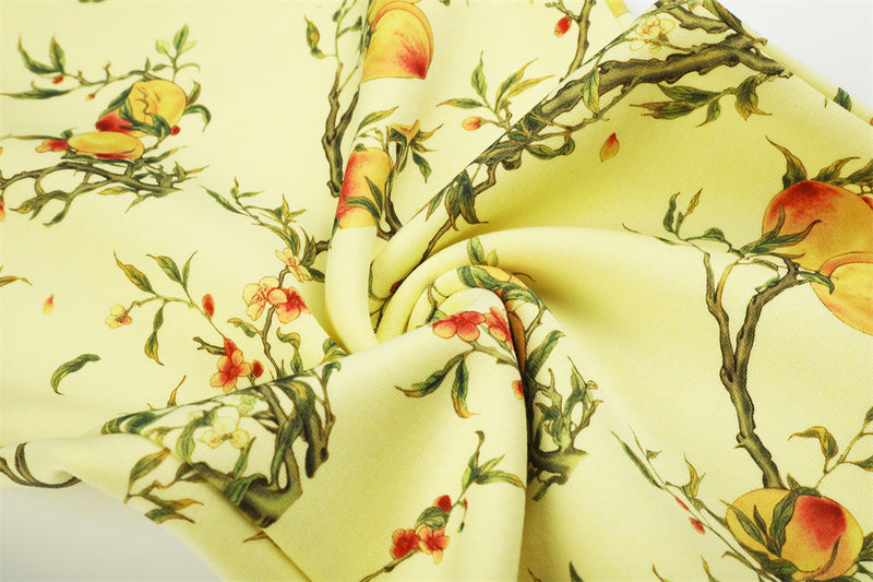 Wide-Leg Pants – All-Over Peach Blossom Branch Print, Relaxed Straight Fit