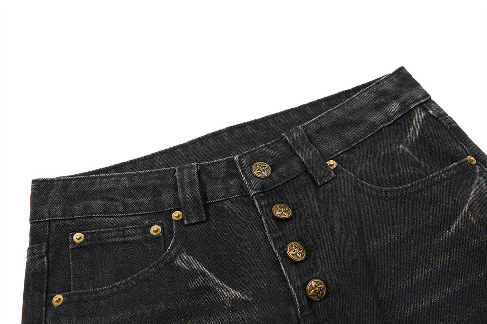 Men's Bell Bottom Jeans – Black Acid Wash Flare Leg with Lace-Up Hem & Button