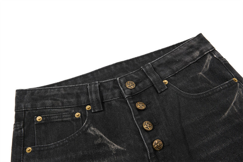 Men's Bell Bottom Jeans – Black Acid Wash Flare Leg with Lace-Up Hem & Button
