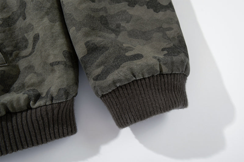 Camo Sherpa-Lined Hooded Bomber Jacket with Studded Hood