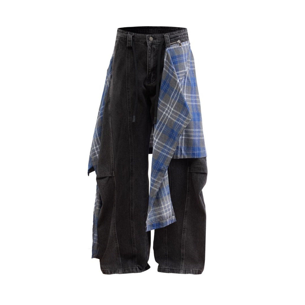 Wide-Leg Jeans with Detachable Plaid Skirt Overlay — Deconstructed Punk
