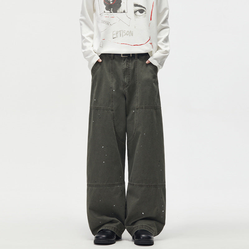 Baggy Cargo Pants Men – Olive Green Paint-Splatter Deconstructed Workwear