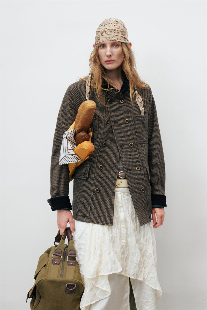 Men's Houndstooth Tweed Jacket – Stand Collar, Multi-Pocket Workwear Coat
