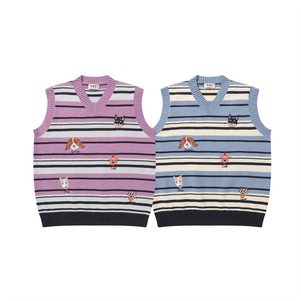 Striped V-Neck Sweater Vest with Dog Embroidery – Relaxed Fit Knit