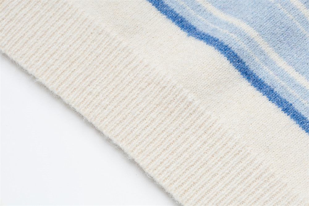 Striped Polo Collar Knit Sweater – Blue & White Horizontal Stripe Pullover
