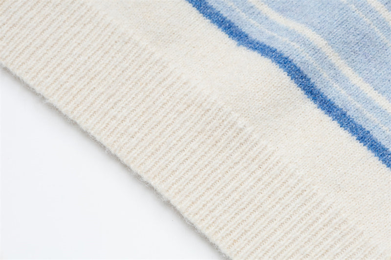 Striped Polo Collar Knit Sweater – Blue & White Horizontal Stripe Pullover