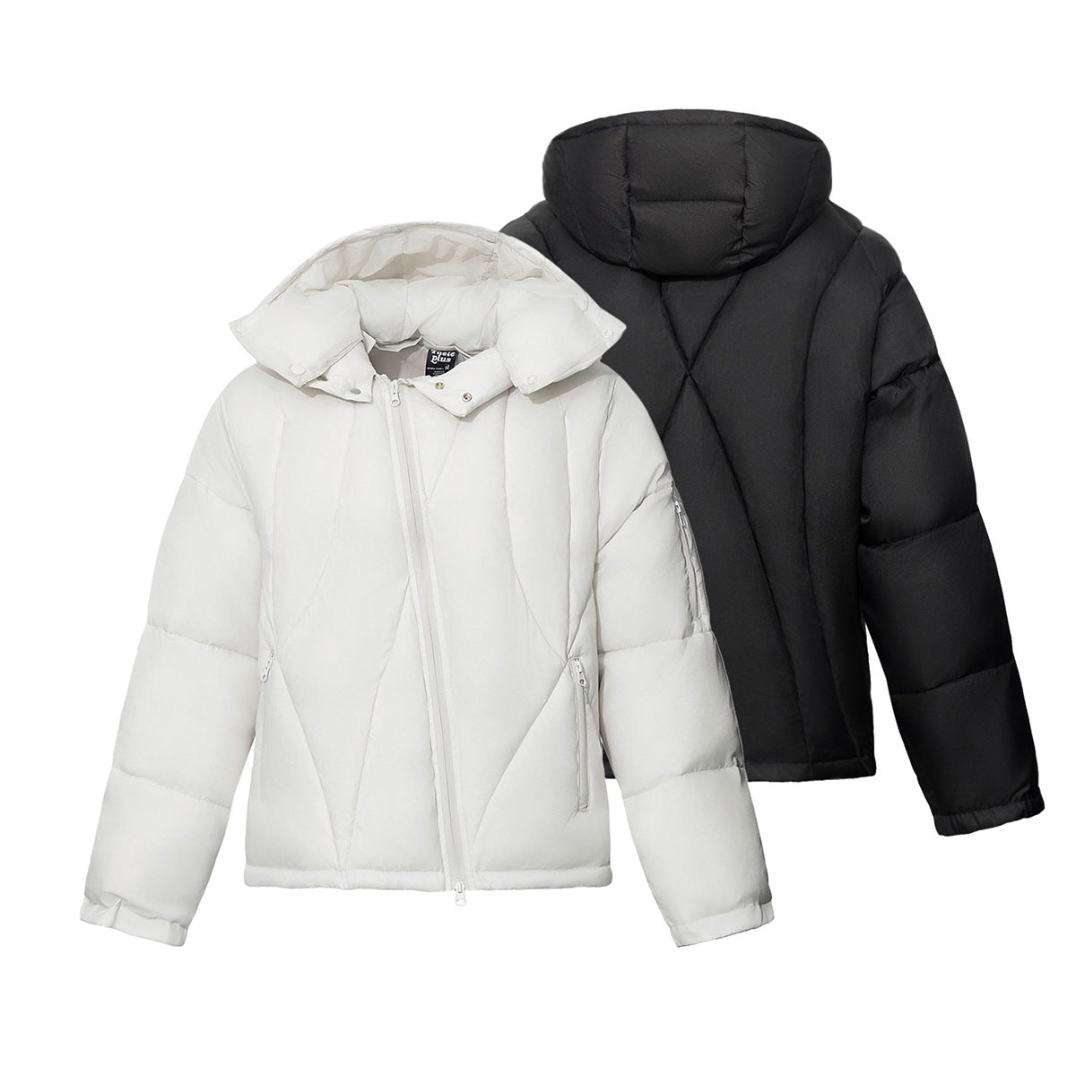Oversize-Pufferjacke mit Kapuze und unregelmäßiger Steppung in Hellgrau und Schwarz, Vorder- und Rückansicht