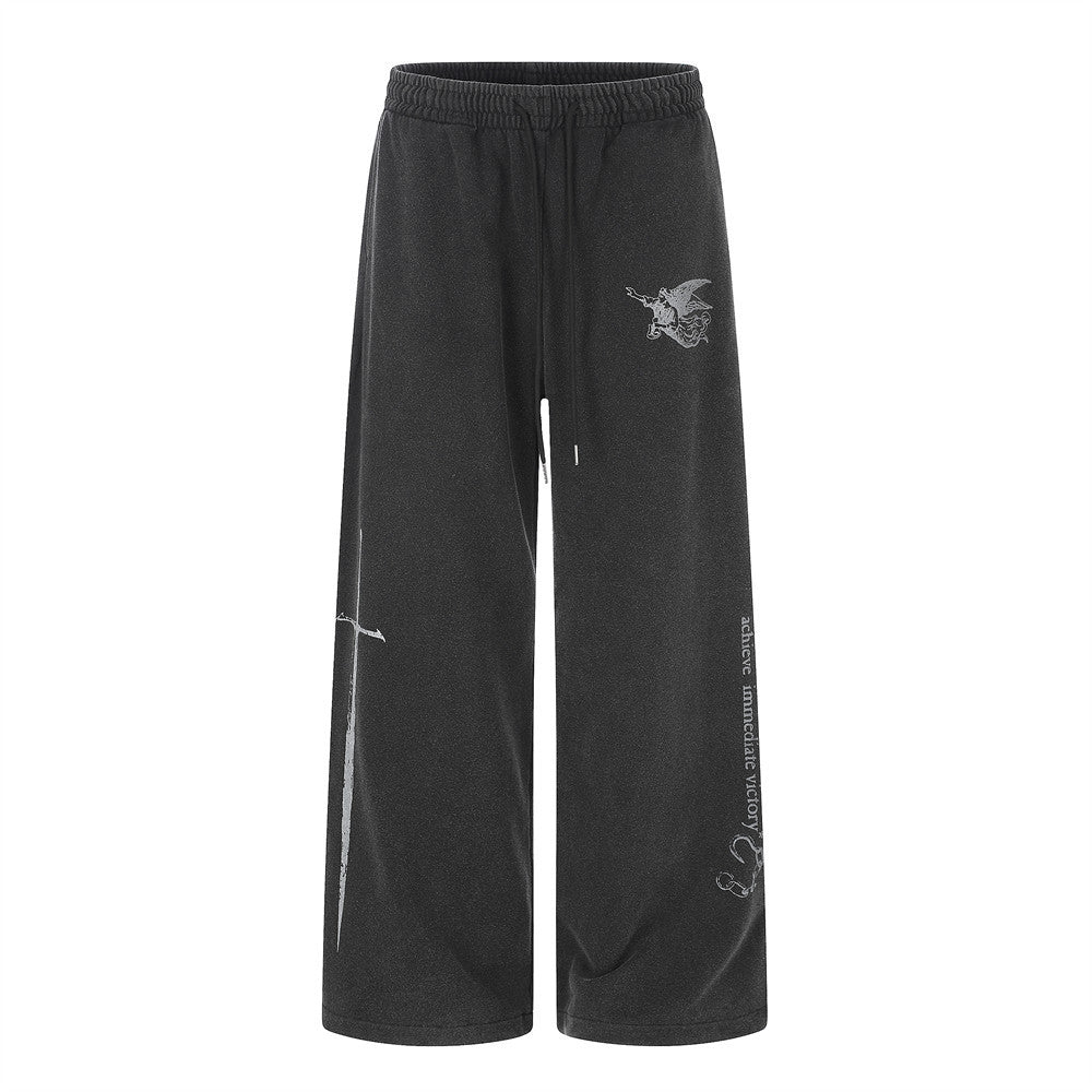 Wide-Leg Sweatpants with Angel & Sword Graphic Print – Vintage Punk Style