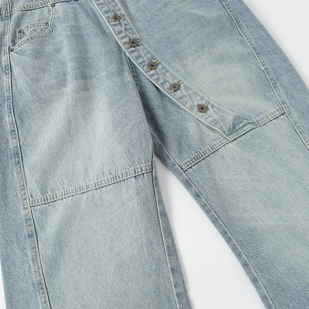Men's Wide Leg Barrel Jeans – Diagonal Button Fly, Vintage Washed Denim