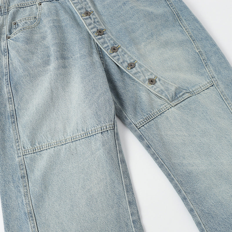 Men's Wide Leg Barrel Jeans – Diagonal Button Fly, Vintage Washed Denim