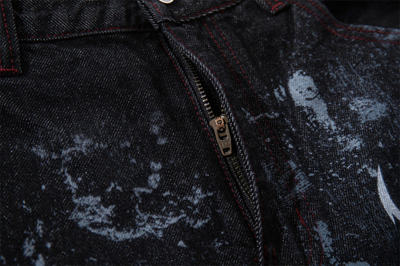 Tribal Print Baggy Jeans – Black Distressed Wide-Leg Denim