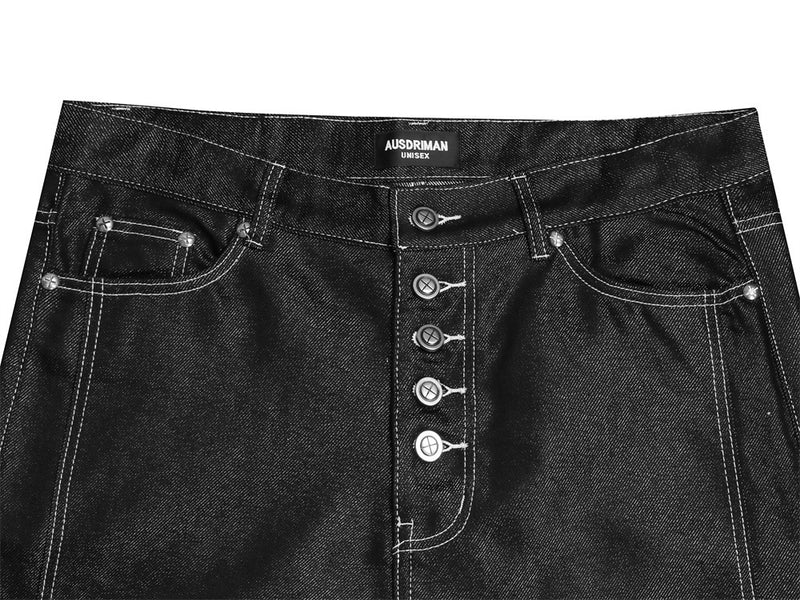 Jean bootcut noir baggy pour homme – Braguette boutonnée, surpiqûres contrastantes et détails déstructurés