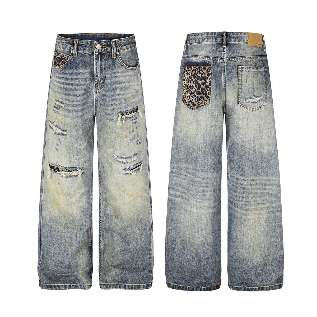 Jean baggy bleu clair délavé à jambes larges, effet usé et poches imprimé léopard, vues de face et de dos
