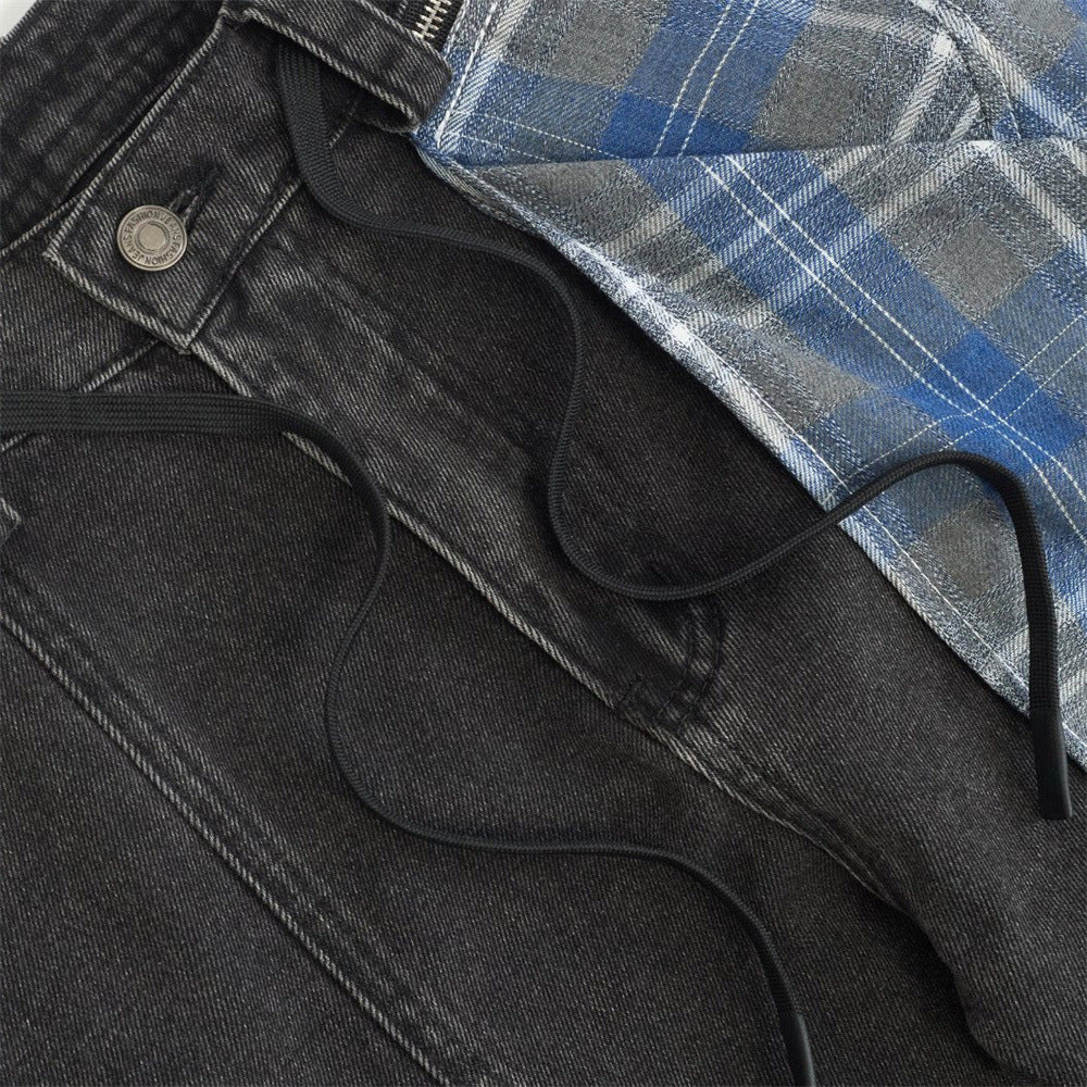 Wide-Leg Jeans with Detachable Plaid Skirt Overlay — Deconstructed Punk