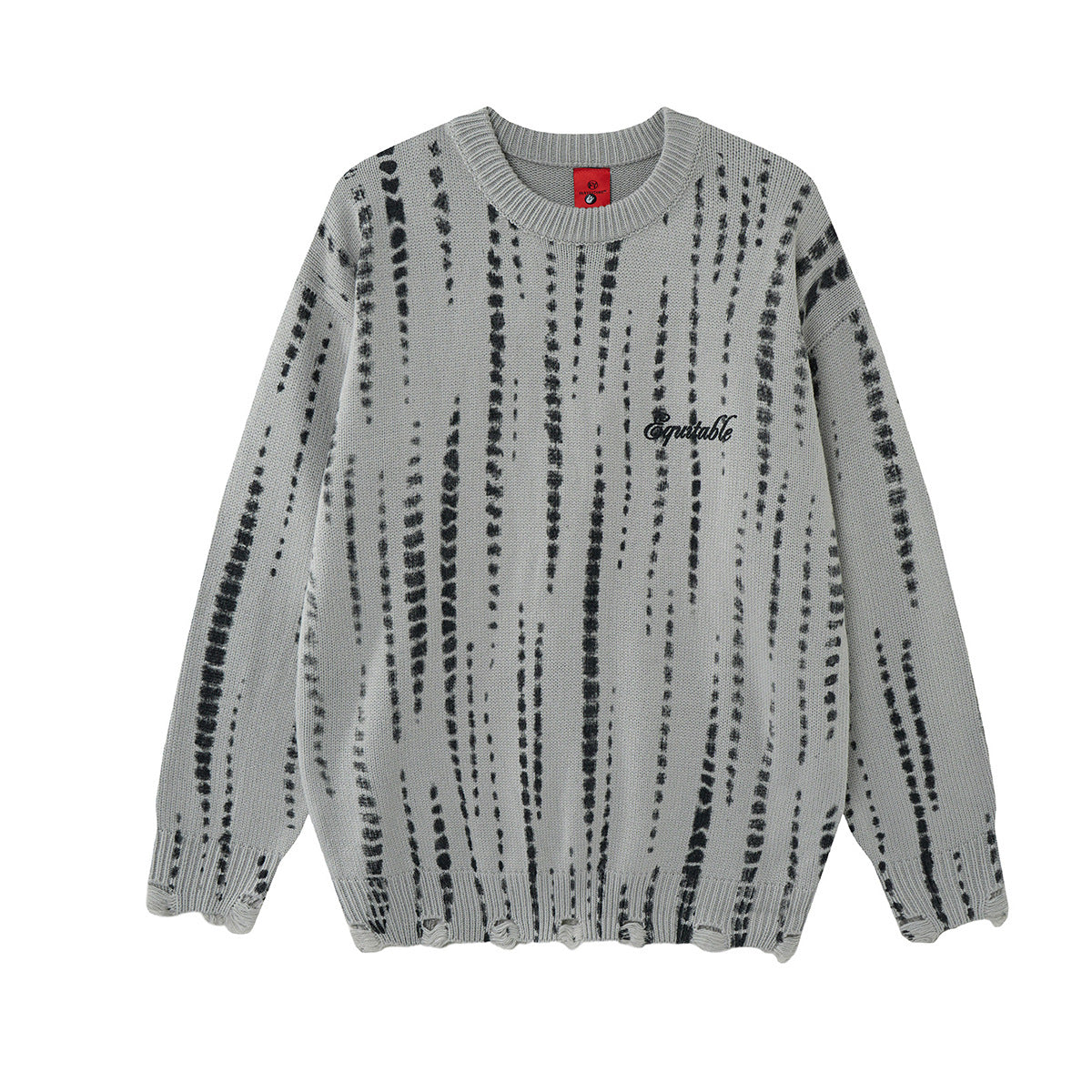 Pull oversize en maille à col rond, tie-dye et effet usé, imprimé vertical et inscription brodée, coloris gris