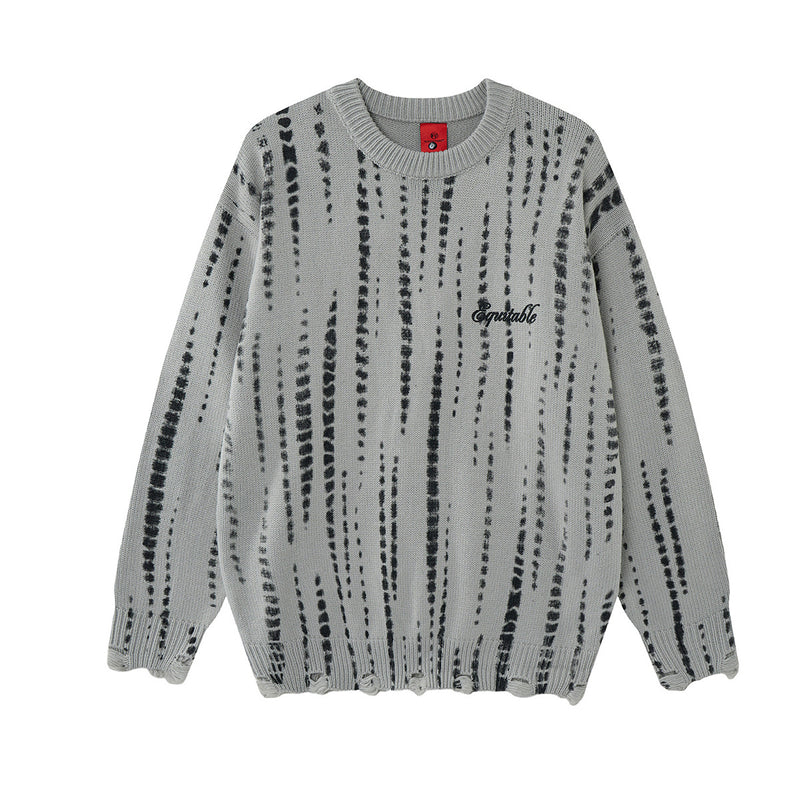 Pull oversize en maille à col rond, tie-dye et effet usé, imprimé vertical et inscription brodée, coloris gris